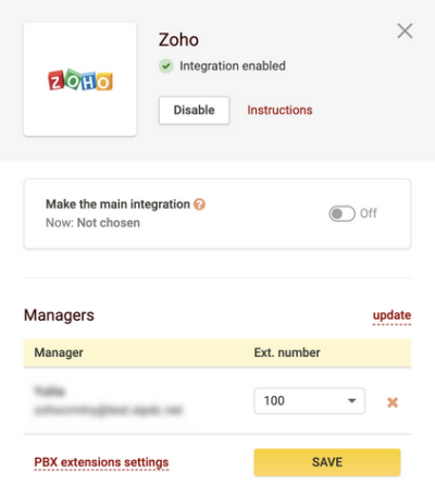 Zoho integration settings