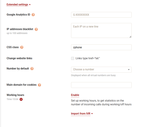 Extended settings Call tracking