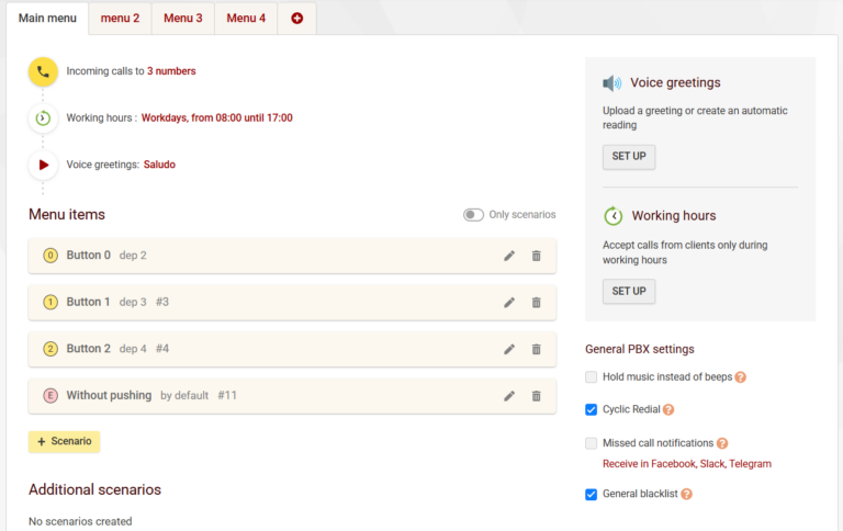 Menu Megacall PBX
