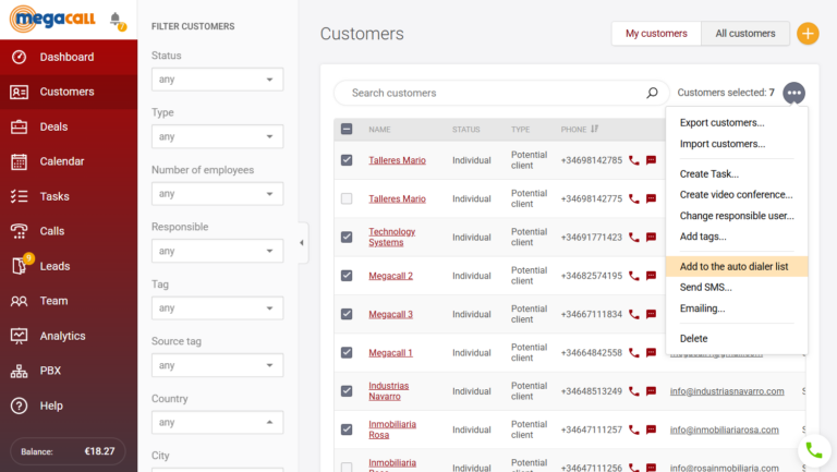 Customer section Megacall CRM