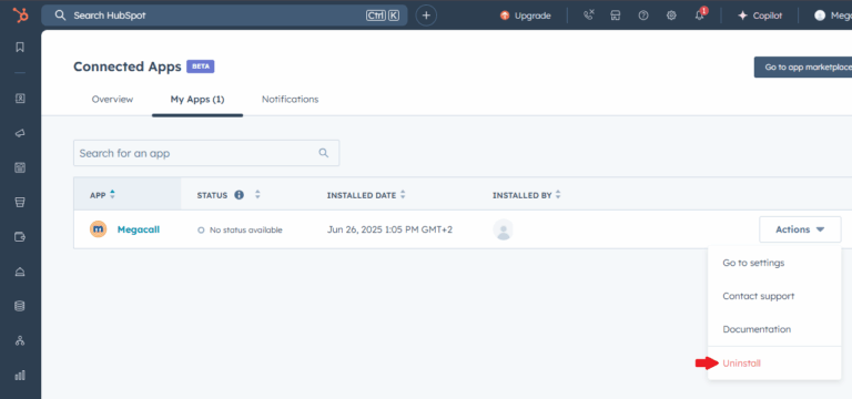 Megacall integration HubSpot