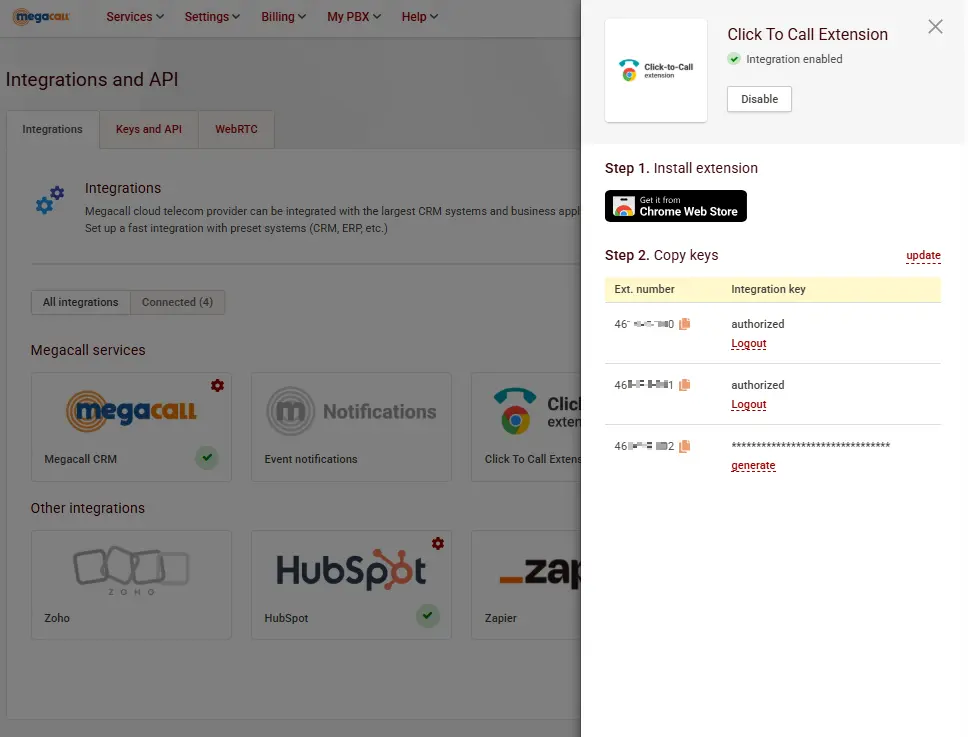 Click to Call integration setup in the Megacall personal area